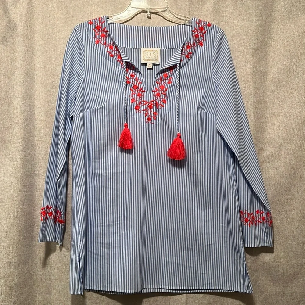 STS Sail to Sable Blue Stripe Embroidered Tunic Top Size Medium - Picture 1 of 9